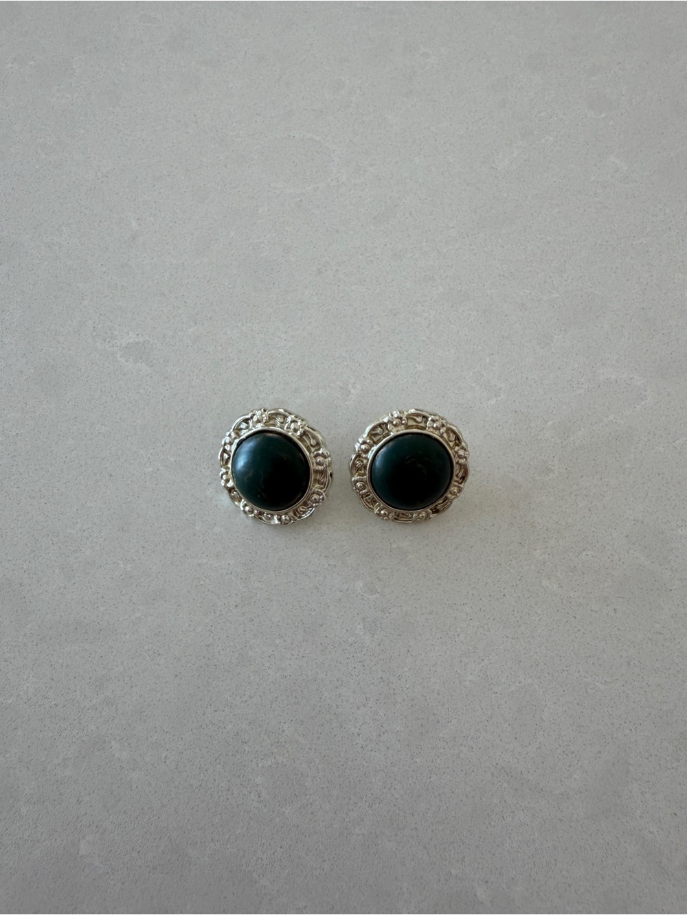 Vintage Silver-Tone Dark Green Cabochon Stud Earrings